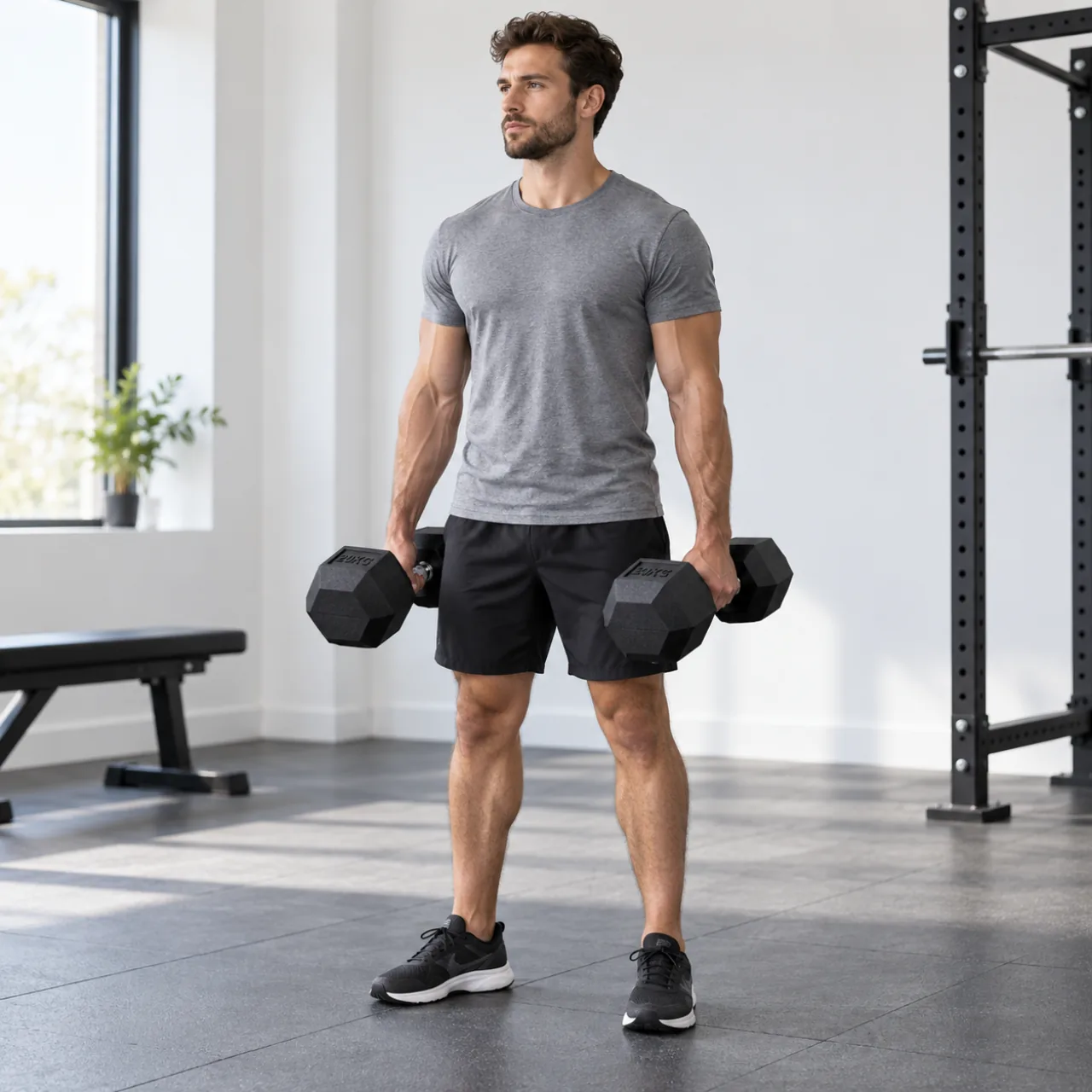 Mężczyzna trzymający parę hantli Fitchemy HEX 2 × 20 kg