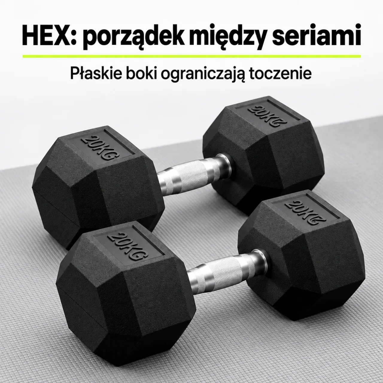 Para hantli Fitchemy HEX 20 kg oparta na płaskich bokach sześciokątnych głowic
