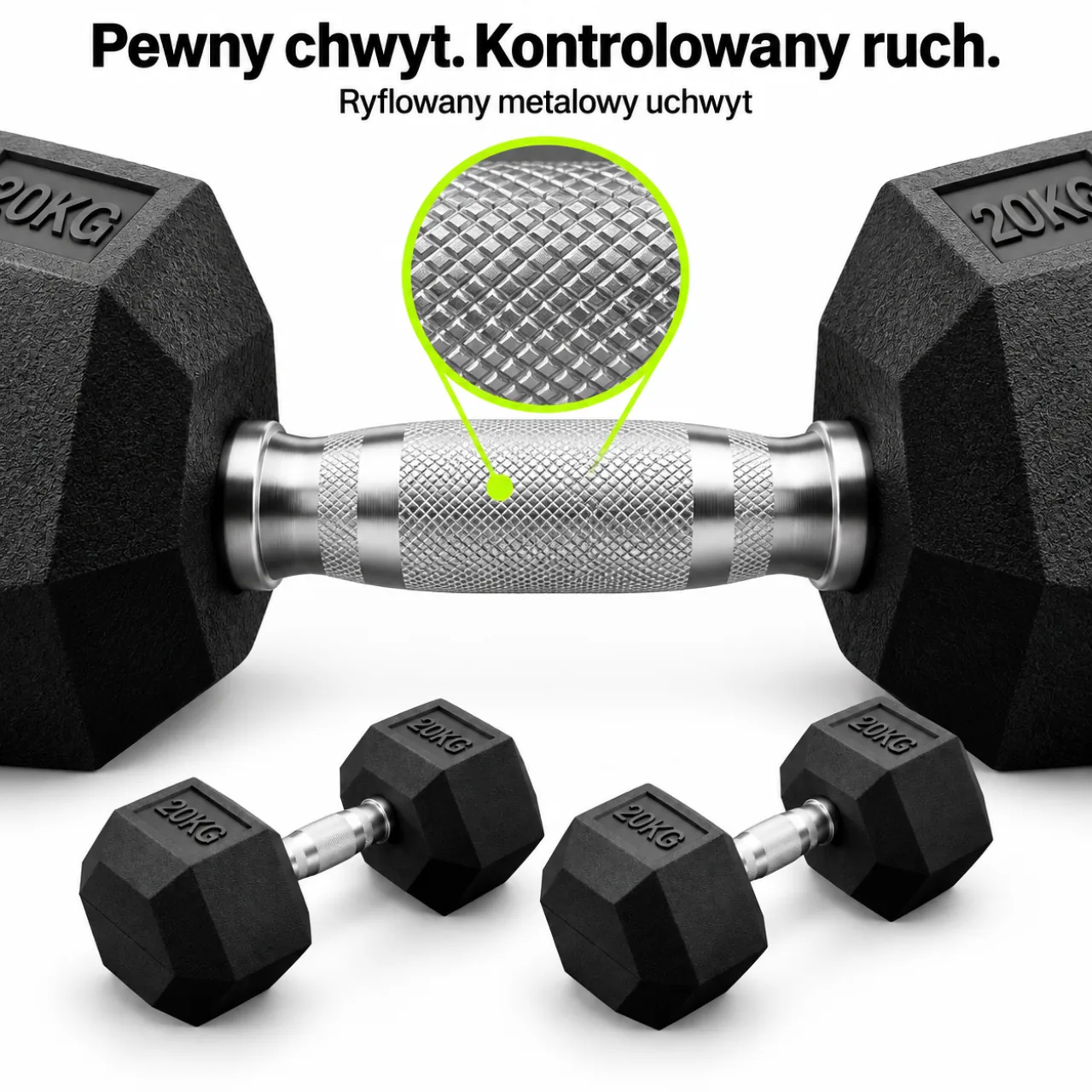 Radełkowany metalowy uchwyt hantla Fitchemy HEX 20 kg