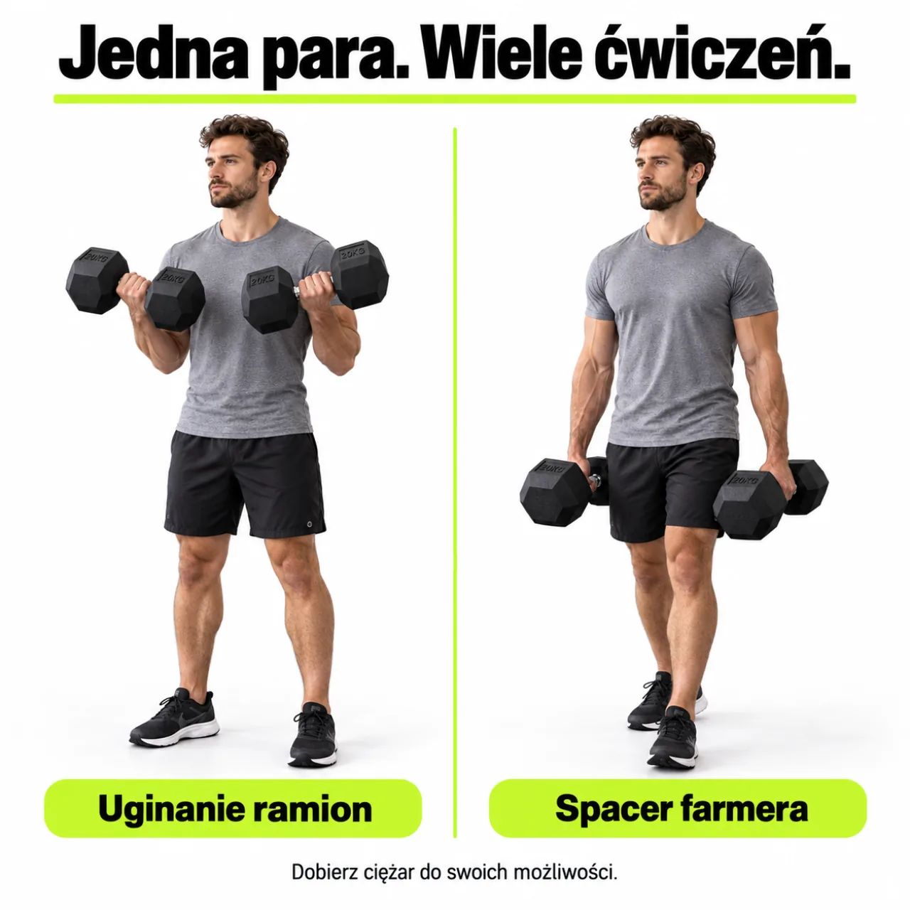 Dwupanelowa grafika: uginanie ramion i spacer farmera z hantlami Fitchemy HEX 20 kg