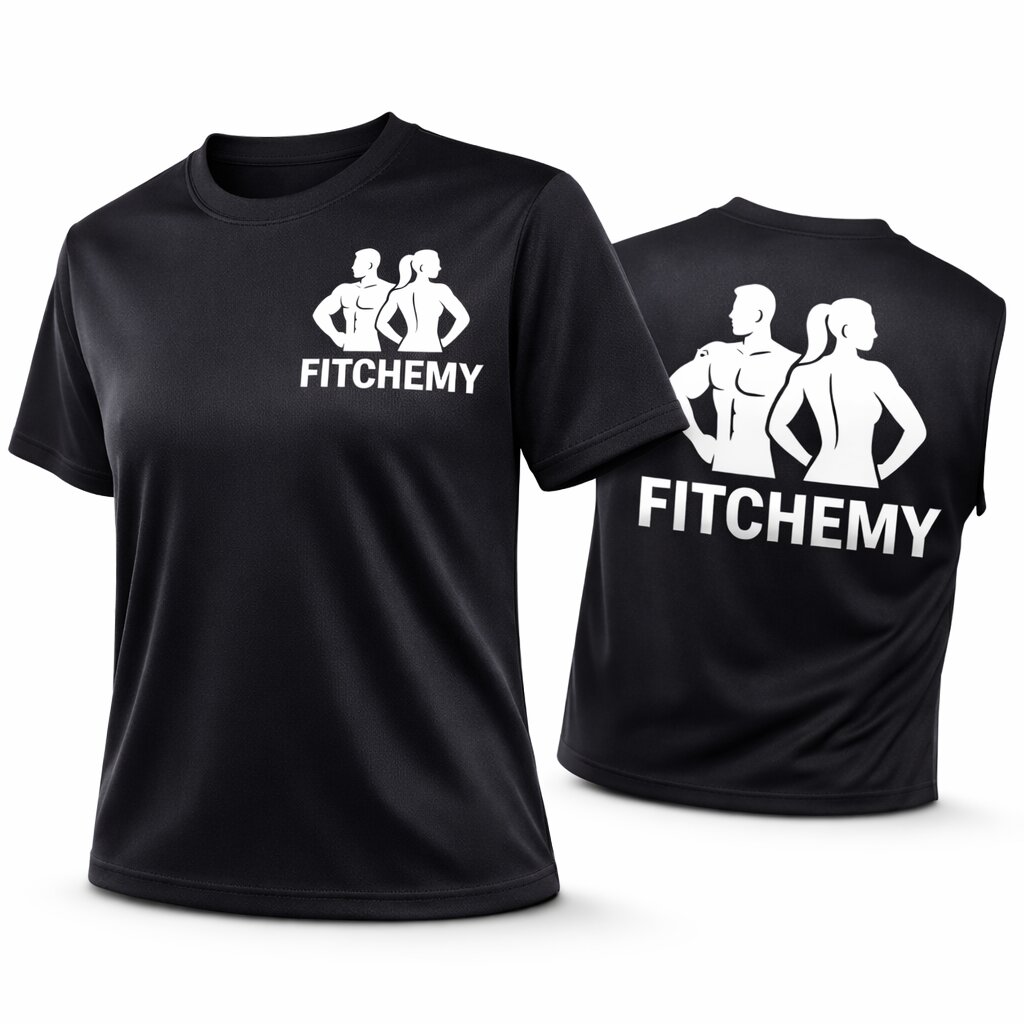 Czarna koszulka sportowa FITCHEMY pokazana pod lekkim kątem z widocznym logo przodu i tyłu