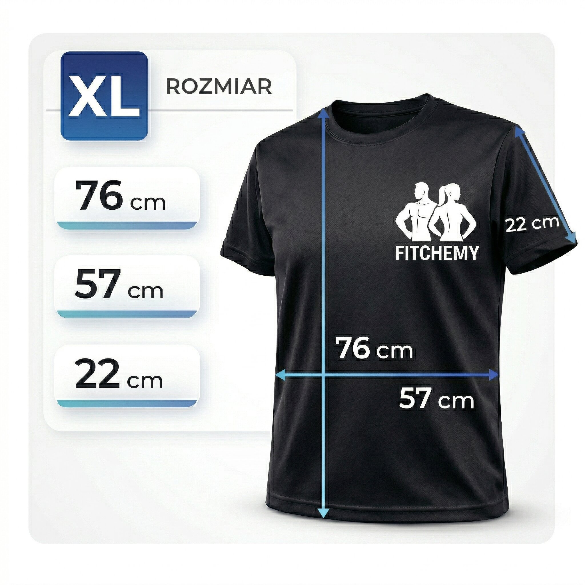 Tabela wymiarów czarnej koszulki FITCHEMY w rozmiarze XL