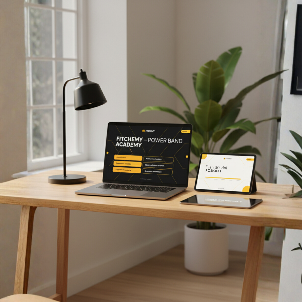 Laptop i tablet z materiałami FITCHEMY Power Band Academy oraz planem 30-dniowym